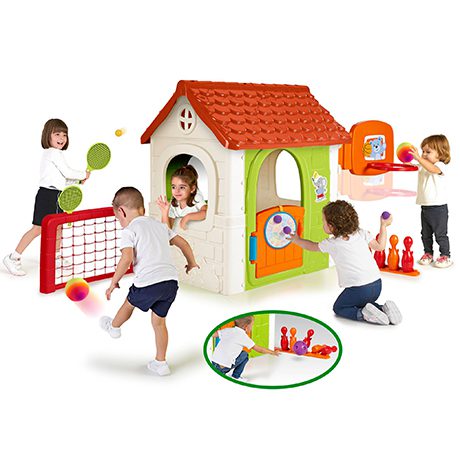 6 in 1 activity playhouse with children displaying each example